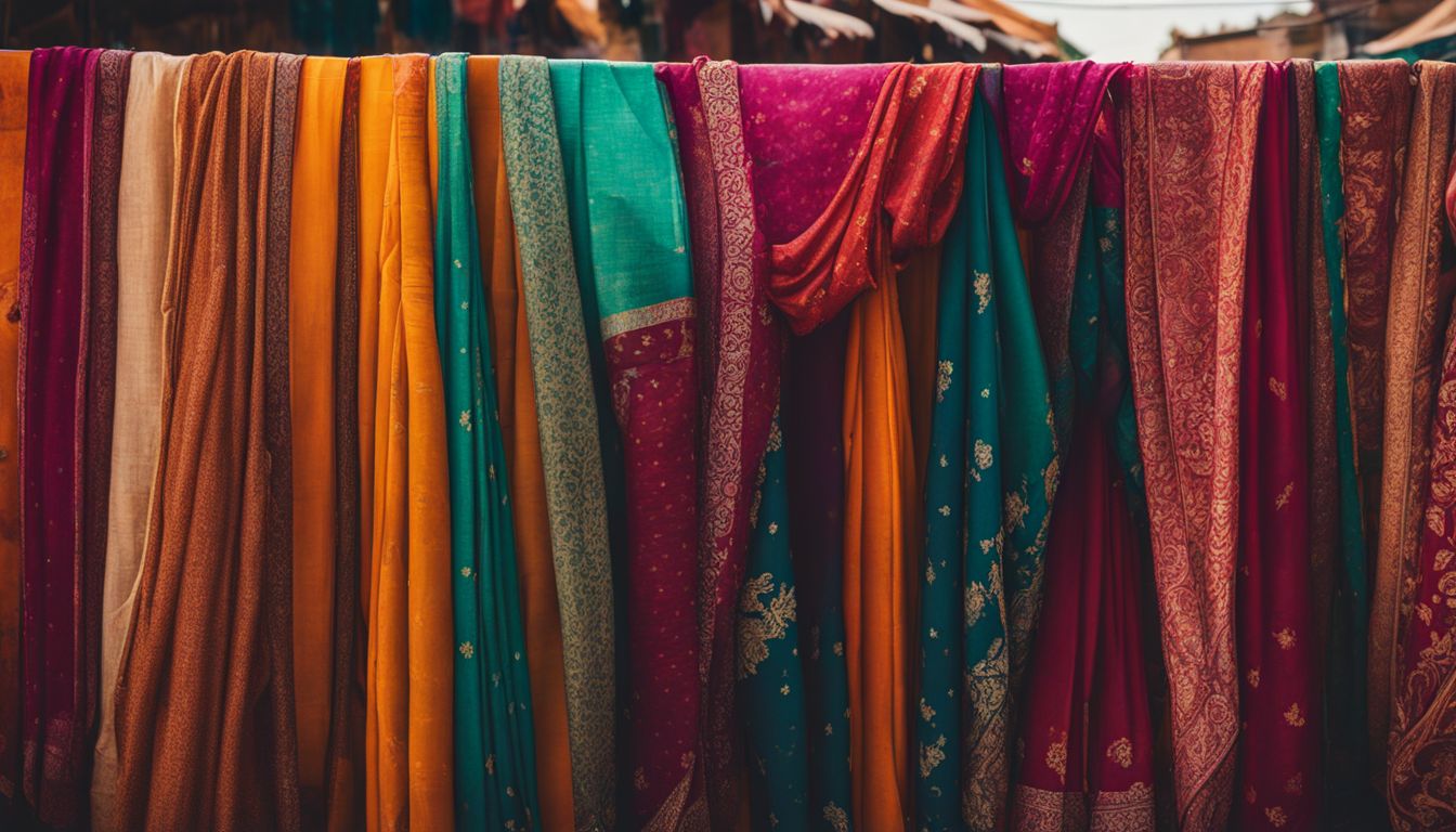 A vibrant market scene with colorful saris hanging on a laundry line captures the hustle and bustle of everyday life.