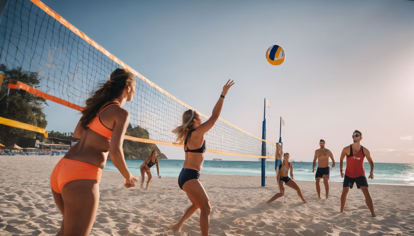 A group of friends playing beach volleyball at Sayeman Beach Resort, captured with vibrant energy in a well-lit, bustling atmosphere.