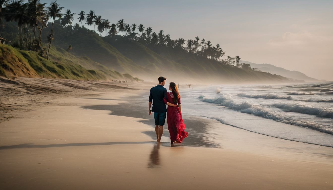 A couple embraces on the sandy shores of Cox's Bazar, capturing the romance and beauty of the scenic beach.
