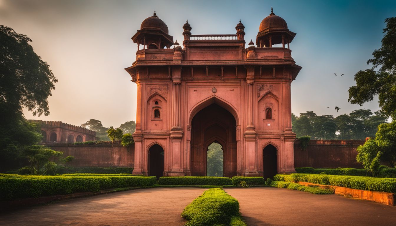 A photo of the South Gate of Lalbagh Fort surrounded by lush gardens, capturing a bustling atmosphere and showcasing different faces and outfits.