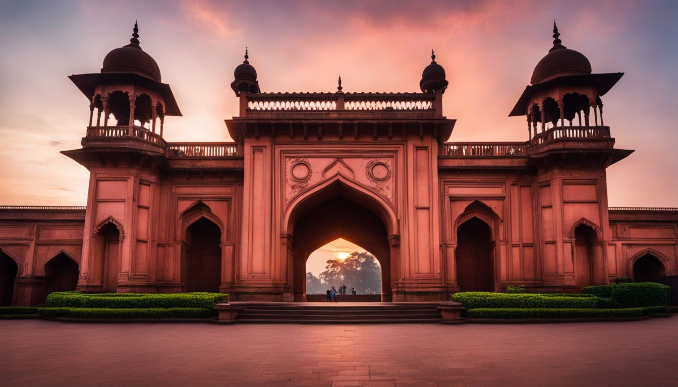 The photo captures the stunning architecture of Lalbagh Fort's South Gate at sunset amidst a bustling atmosphere.