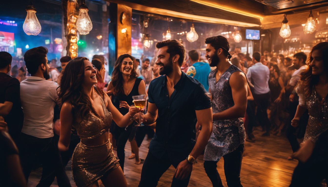 A group of friends dancing and having fun at a lively bar.