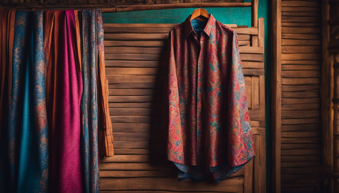 A photo showcasing a neatly folded shirt and pants on a hanger against a backdrop of traditional Bangladeshi fabrics.