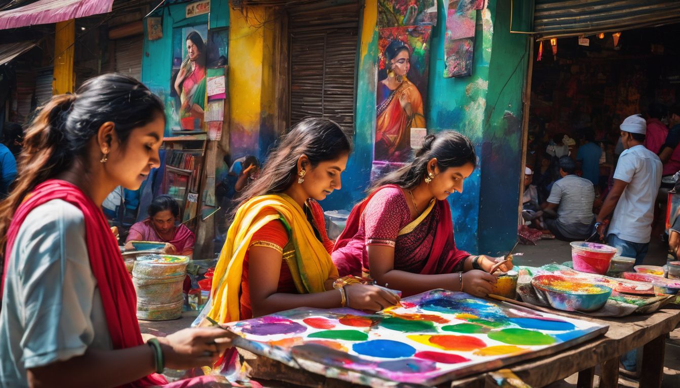 A group of Bangladeshi artists paint colorful murals in a bustling marketplace.