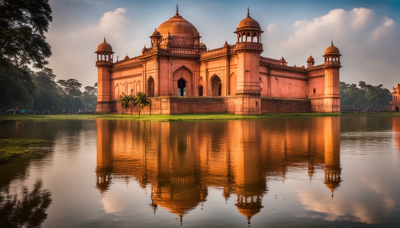 A stunning photograph of the Lalbagh Fort reflected in a river, featuring diverse individuals and a bustling atmosphere.