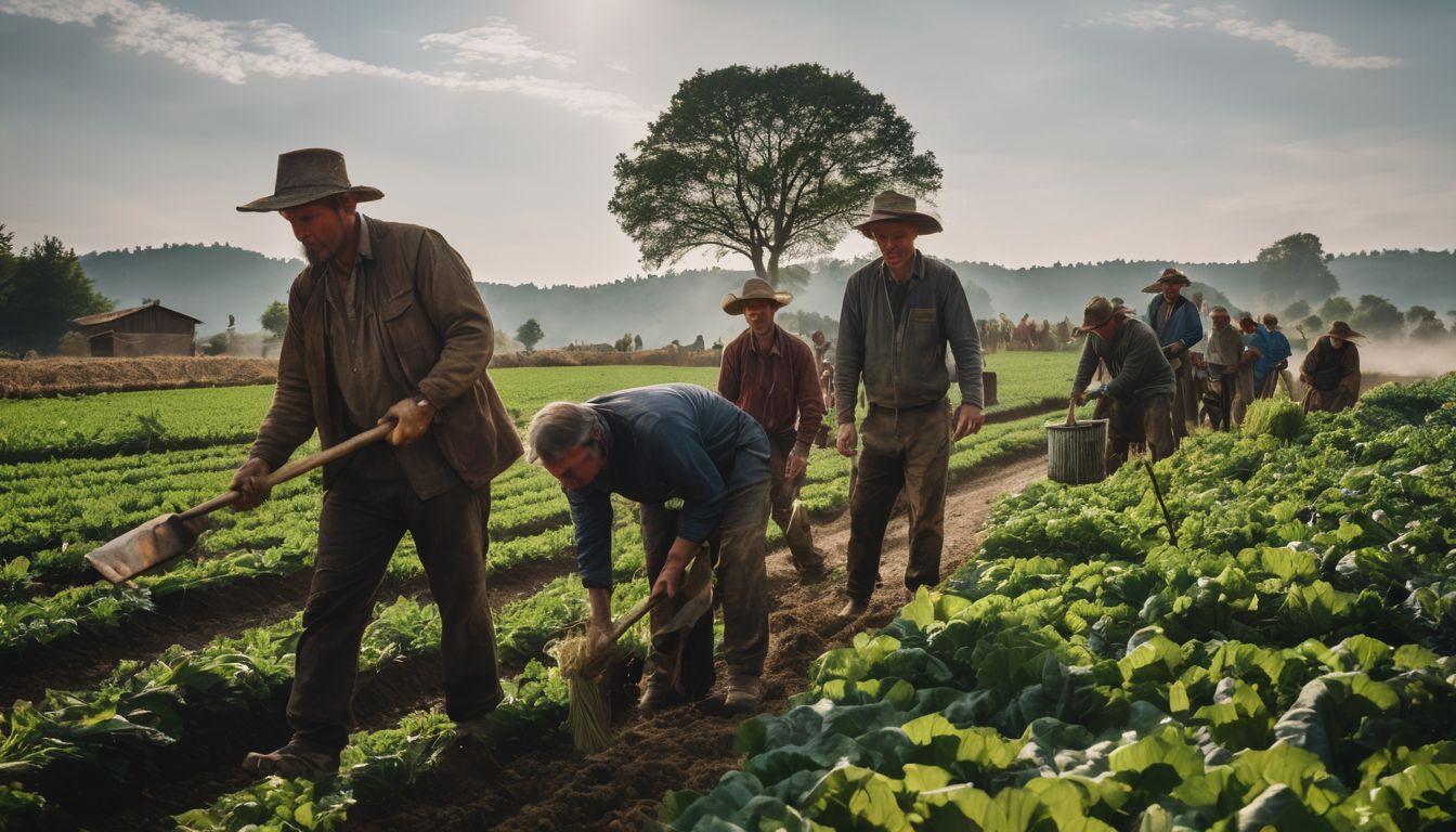 A group of men involved in manual labor in a rural agricultural setting.