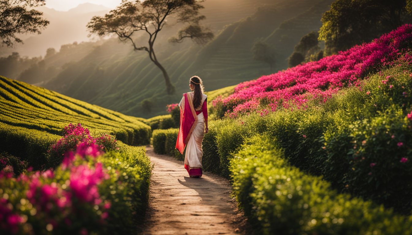A woman wearing a traditional sari walks through a tea garden in a bustling atmosphere.