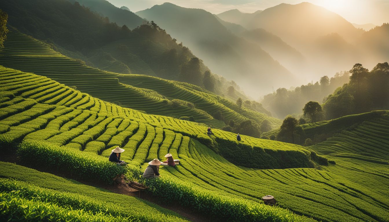A vibrant tea garden with misty mountains in the background, showing a bustling atmosphere and diverse people.