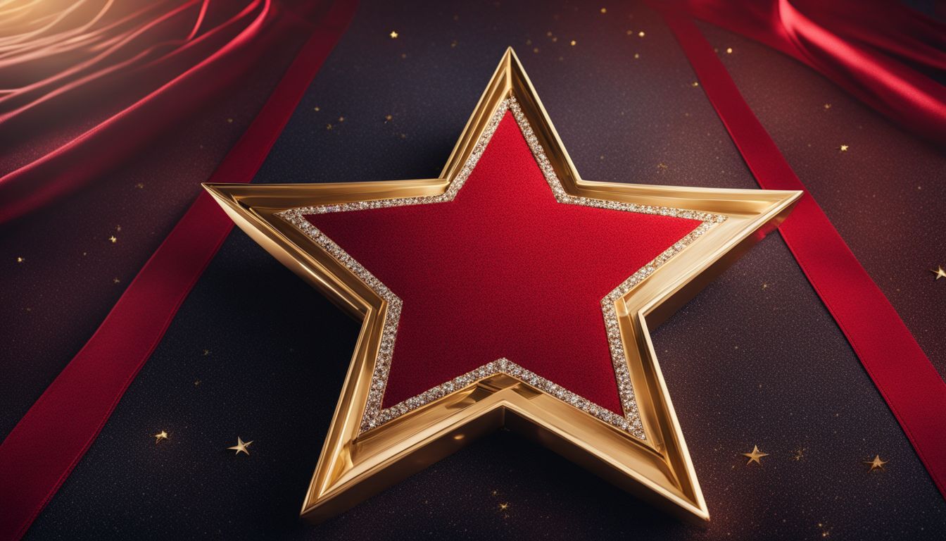 A golden star-shaped trophy surrounded by a red carpet is showcased with a diverse group of people.