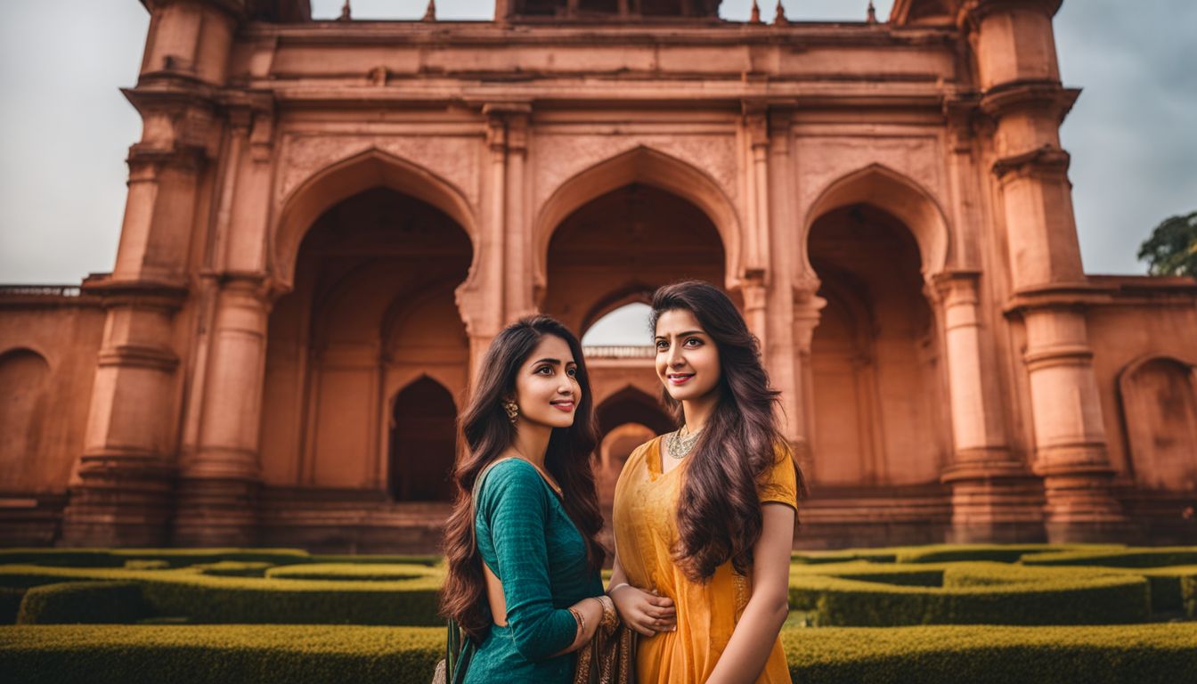 A young woman poses at the entrance of Lalbagh Fort, surrounded by ancient architecture and a bustling atmosphere.