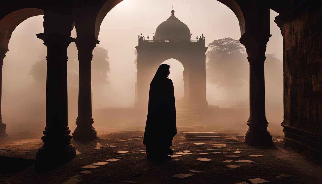 The photo captures a ghostly figure amidst the ancient ruins of Lalbagh Fort, surrounded by mist.