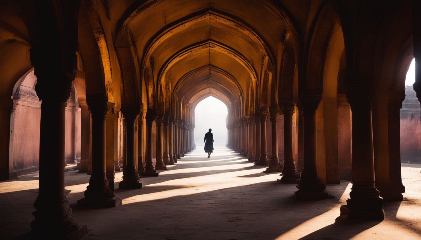 A figure explores the dark corridors of Lalbagh Fort amidst eerie light filtering through arches.