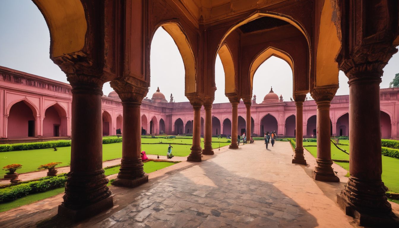 A diverse group of visitors exploring the intricate archways and beautiful gardens of Lalbagh Fort.