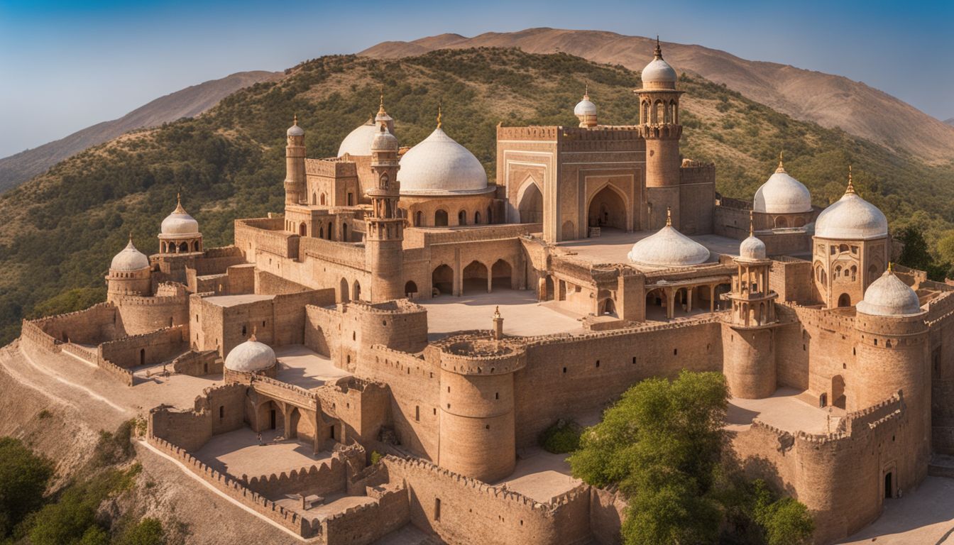 The photo showcases the intricate domes and minarets of a fort against a clear blue sky.