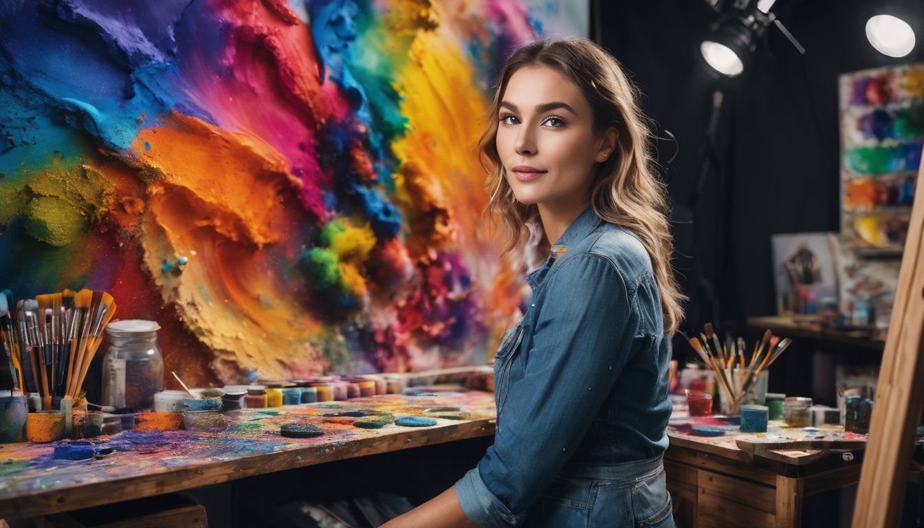 A painter in a studio surrounded by vibrant colors and different art tools.