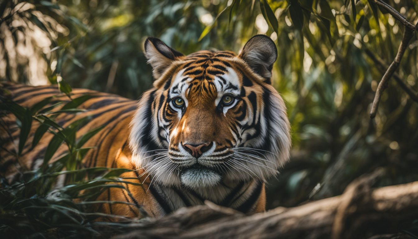 A photograph of a Bengal Tiger hidden within mangrove trees, showcasing its natural beauty and camouflage.