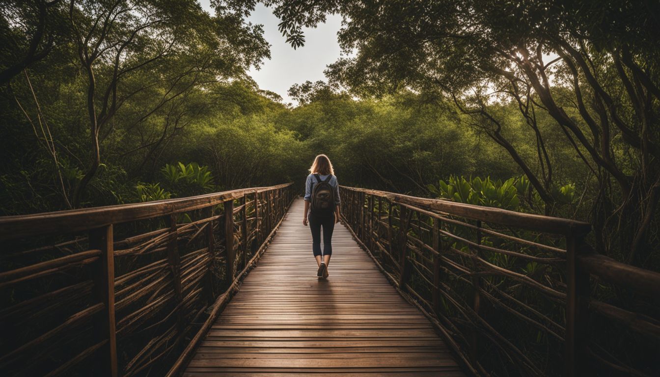 A person stands on a wooden walkway surrounded by dense mangrove forests in a bustling atmosphere.