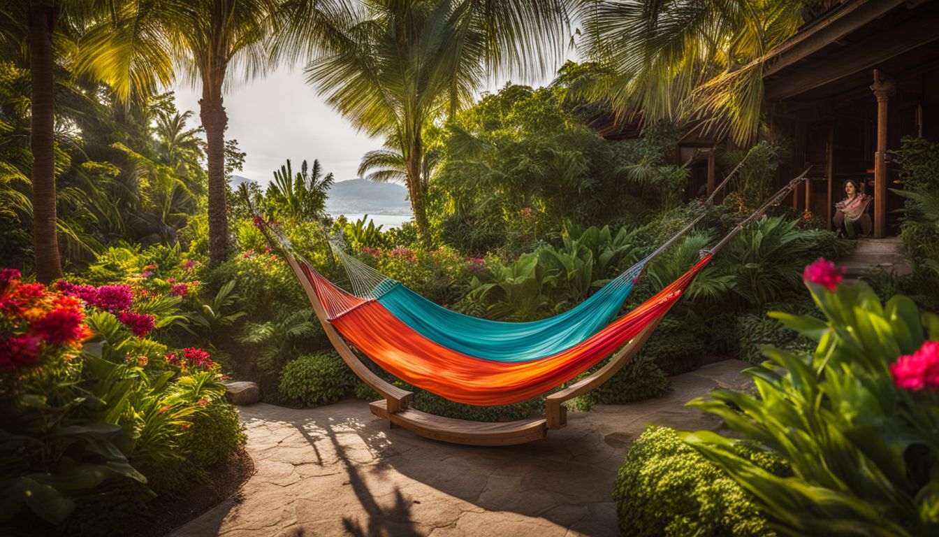 A photo of a lush garden at a resort filled with colorful flowers and a hammock.