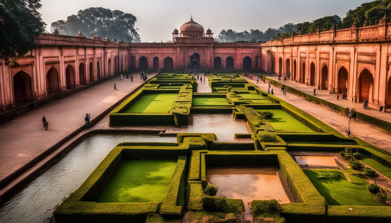 A photograph showcasing the picturesque Lalbagh Fort gardens with fountains, hidden passages, and a bustling atmosphere.