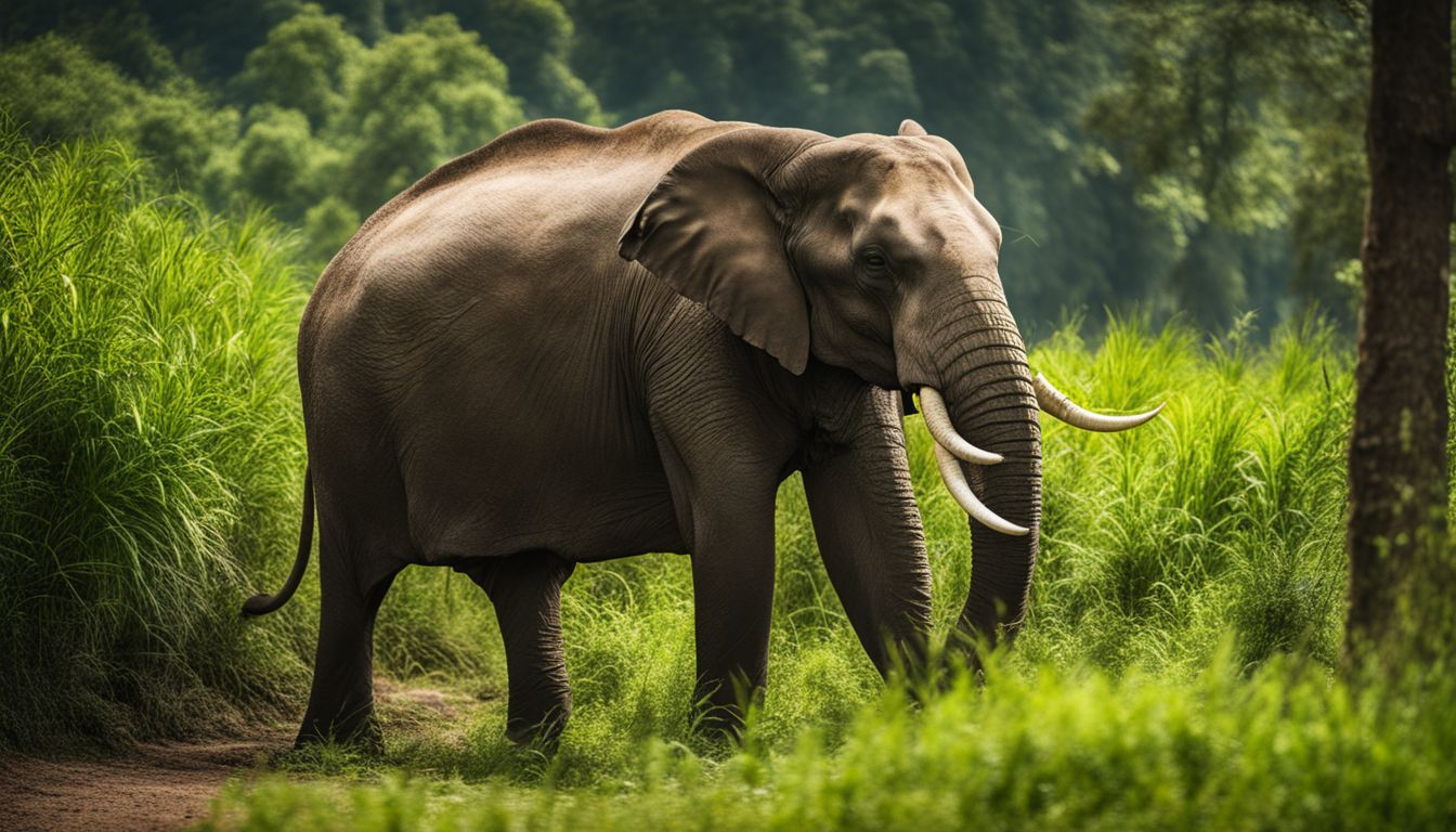 A majestic wild elephant walks through the lush greenery of Teknaf Wildlife Sanctuary in a bustling atmosphere.