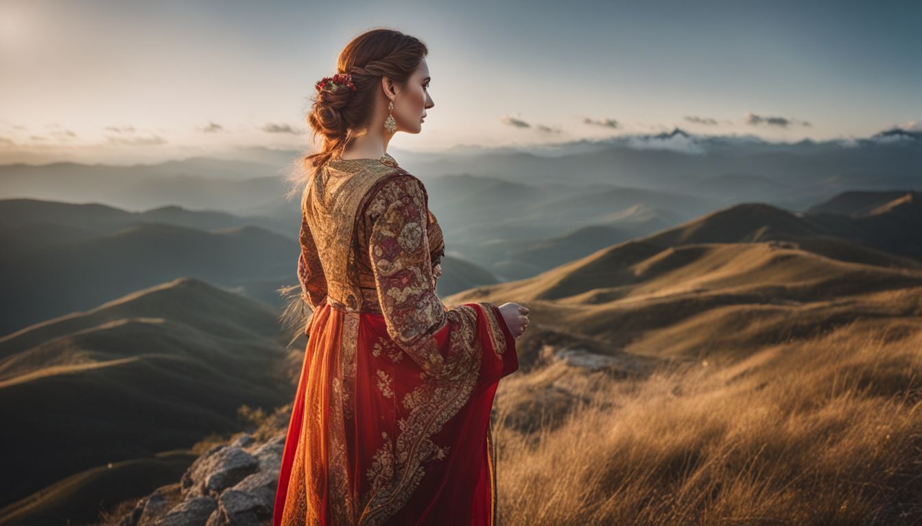 A woman in traditional clothing stands on a hilltop overlooking a breathtaking landscape.