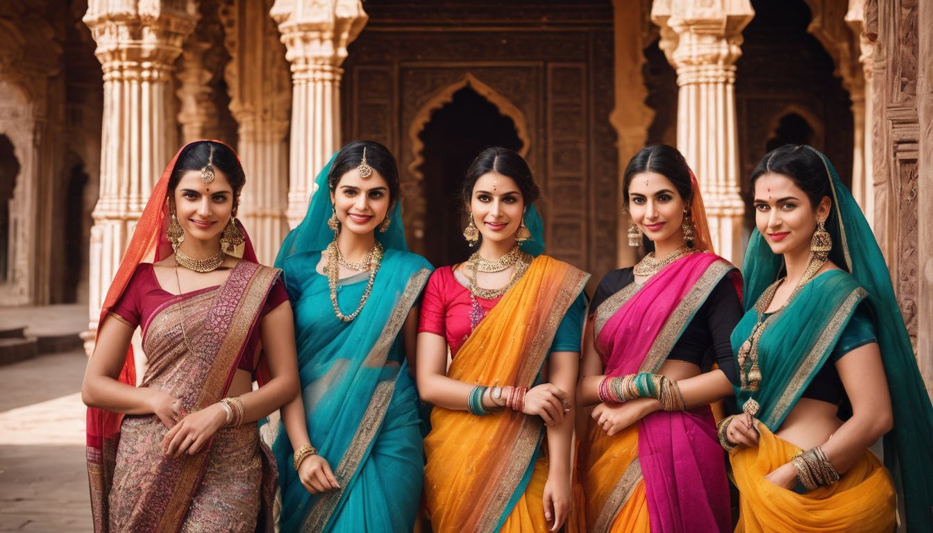 A group of women wearing vibrant saris pose in front of an ancient mosque.