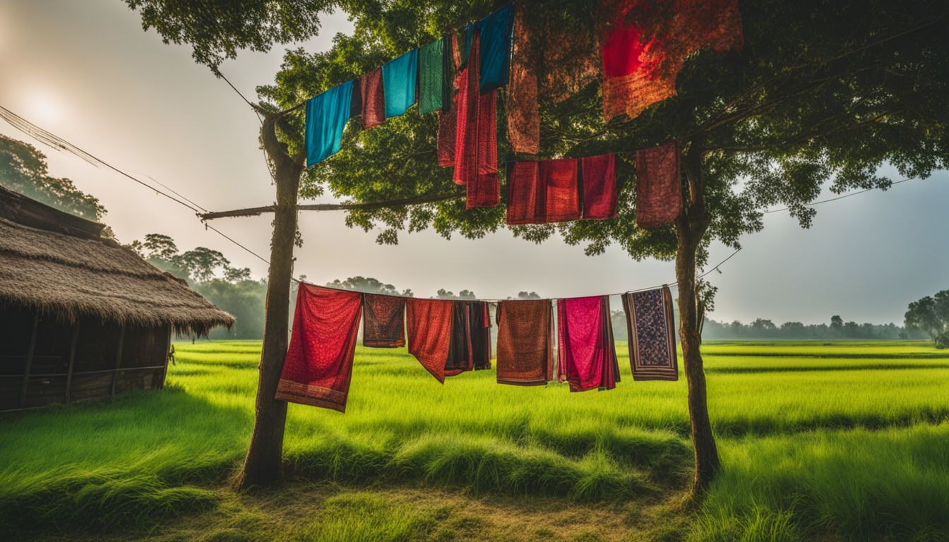 A vibrant display of traditional Bangladeshi clothing hanging against lush green fields, showcasing diverse faces, hair styles, and outfits.