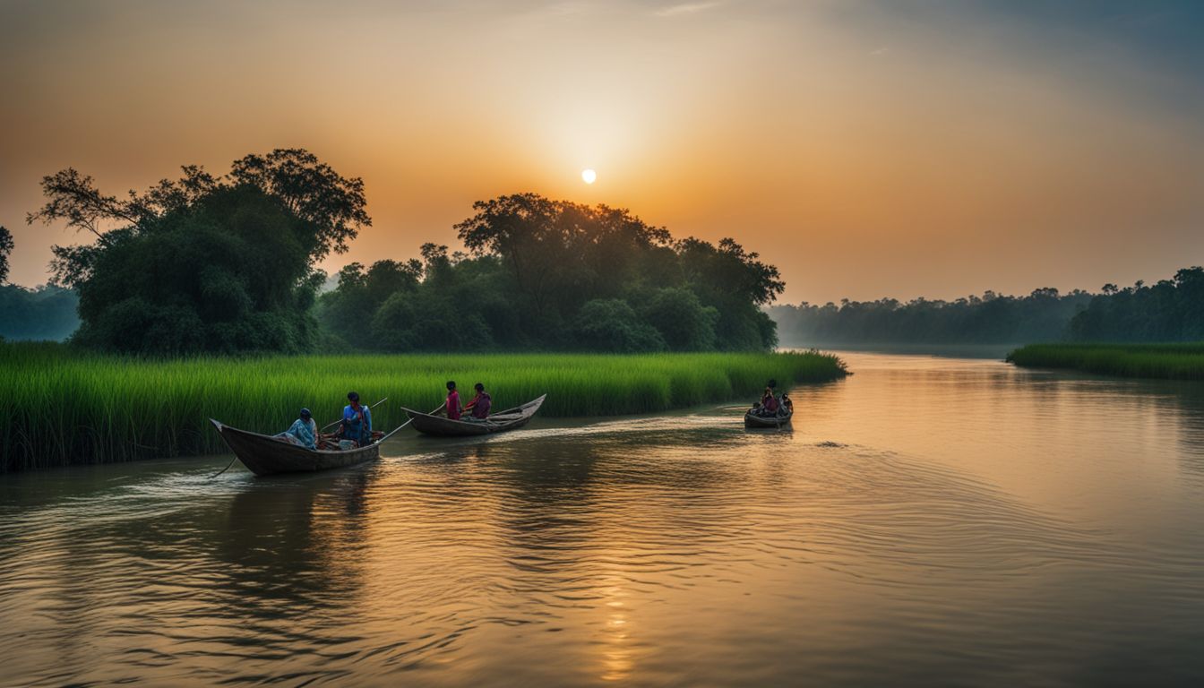 A photo of the Sangu River flowing through Sundarbans Forest, showing a bustling atmosphere and beautiful scenery.