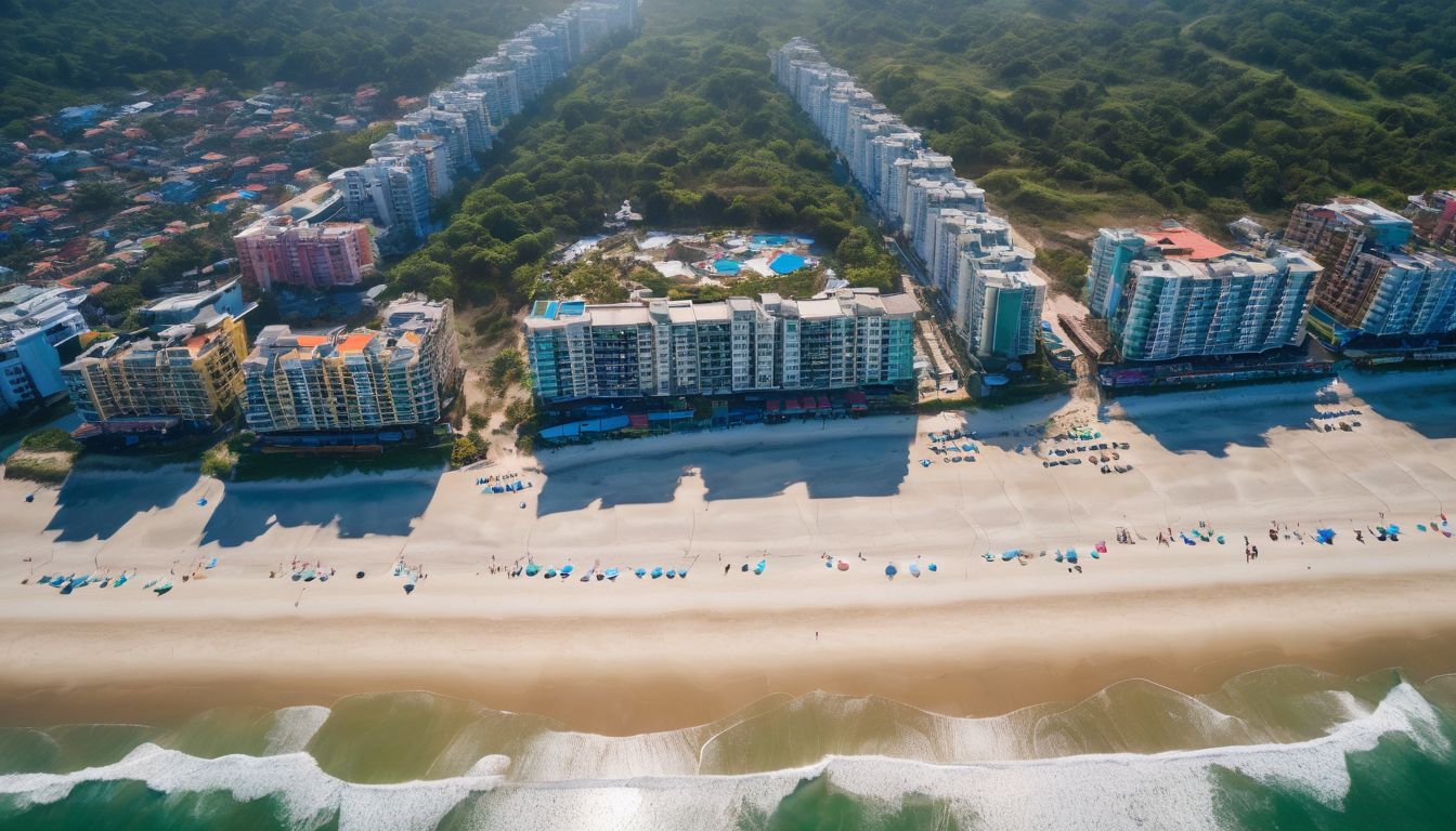 A stunning aerial view of Cox Bazar beach with hotels lining the coastline and a bustling atmosphere.