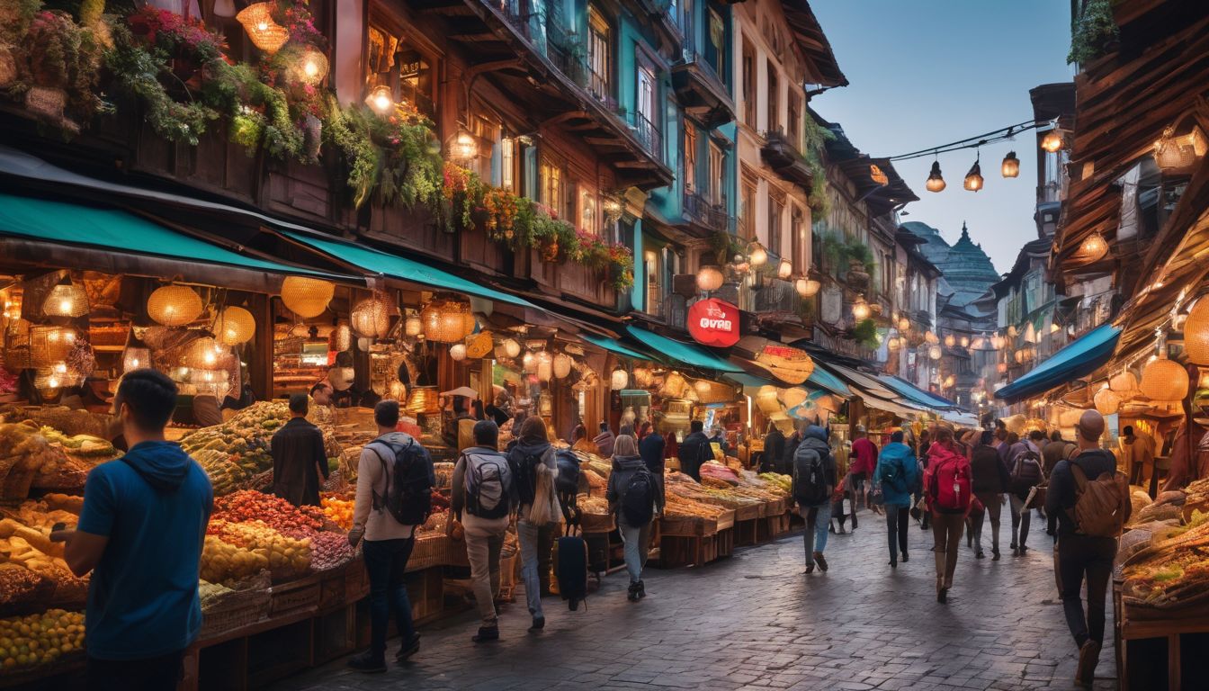 A diverse group of travelers explore a vibrant marketplace in a bustling city.