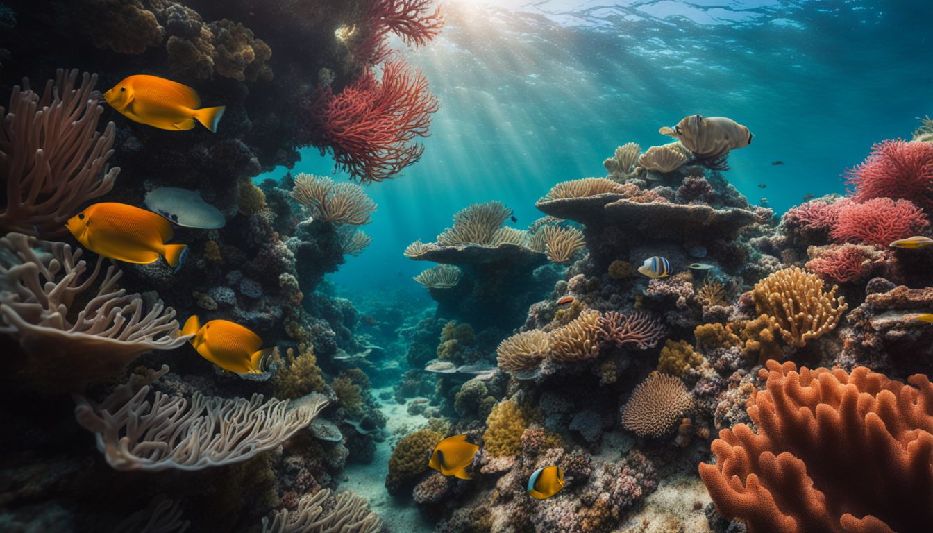 A vibrant underwater coral reef teeming with diverse marine life, captured with a DSLR camera in high definition.