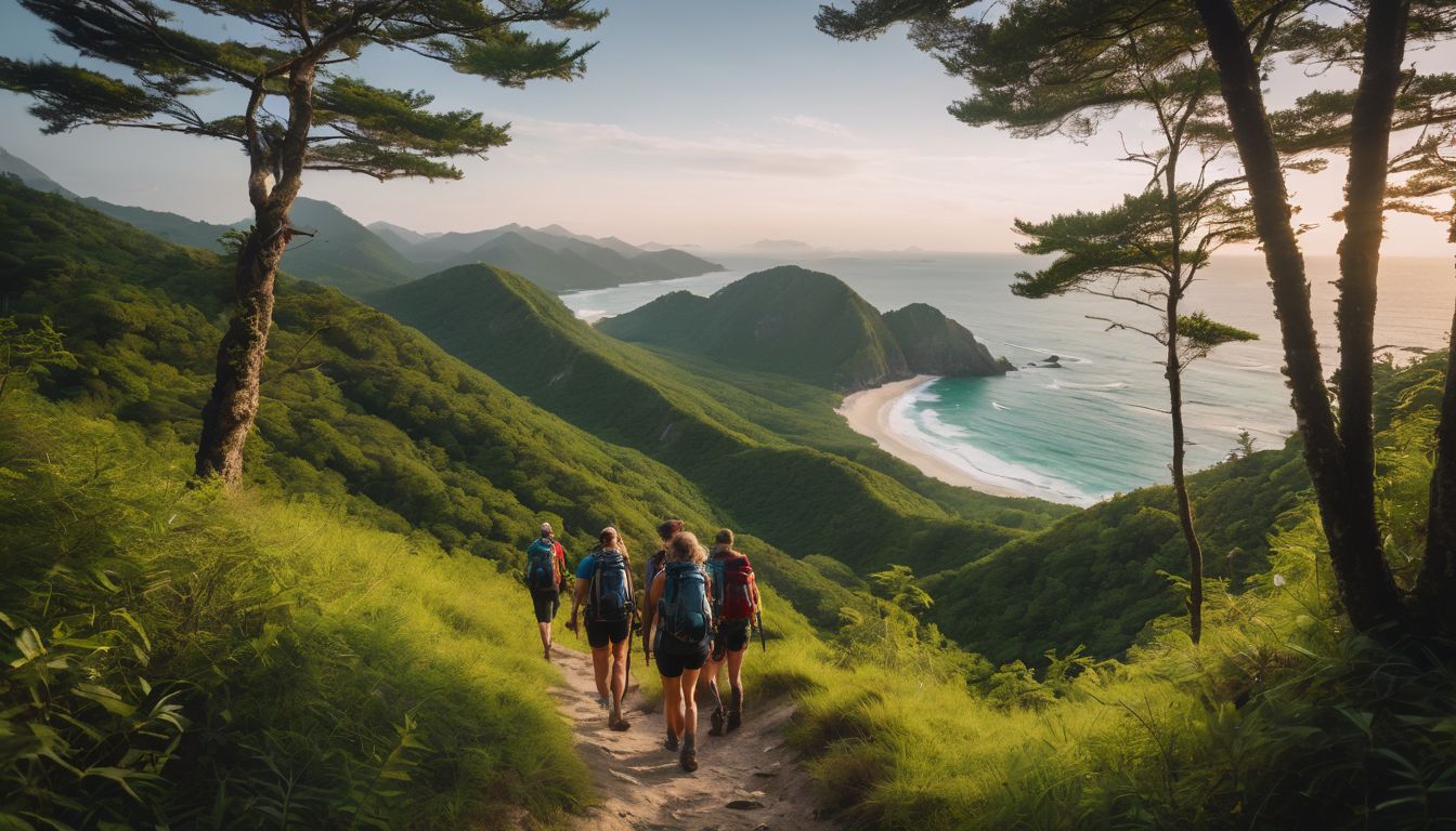 A diverse group of hikers trek through a lush forest with a beautiful beach view in the background.