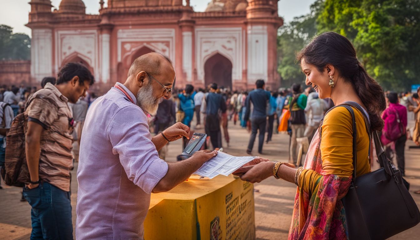 A tourist purchases tickets from a friendly local at the entrance of Lalbagh Fort in a bustling atmosphere.
