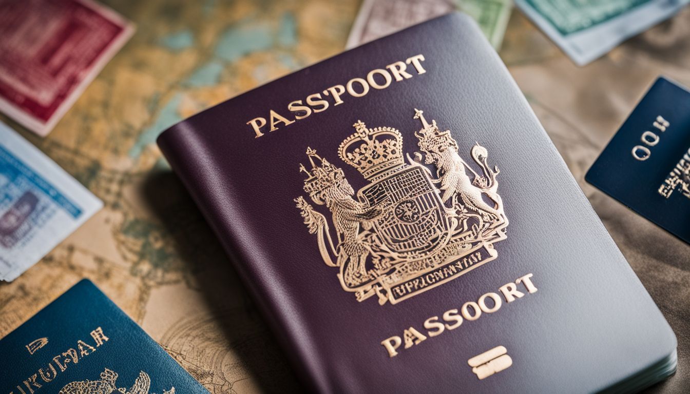 A close-up photo of a passport with various international visa stamps.