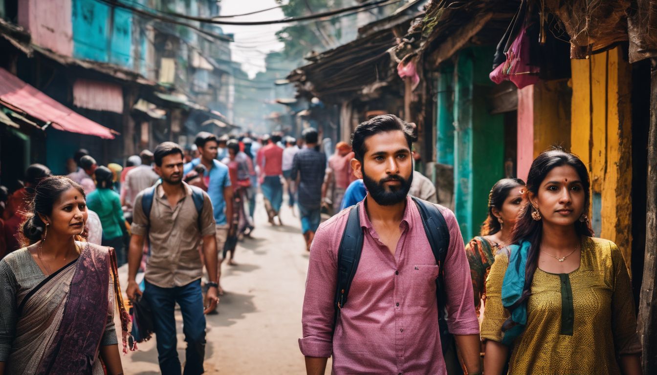 A diverse group of travelers are exploring the vibrant streets of Bangladesh, capturing the bustling atmosphere with their cameras.