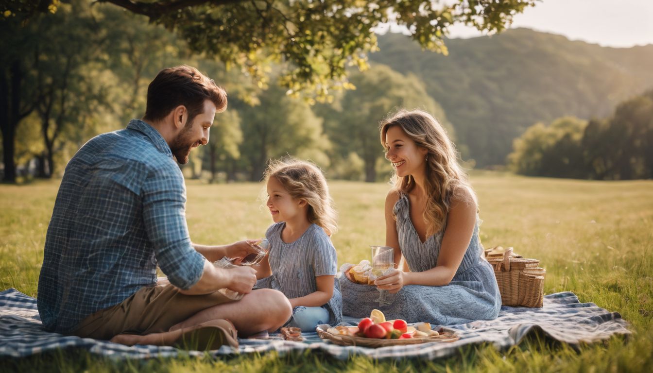 A diverse family enjoys a picnic in a park on a sunny day.