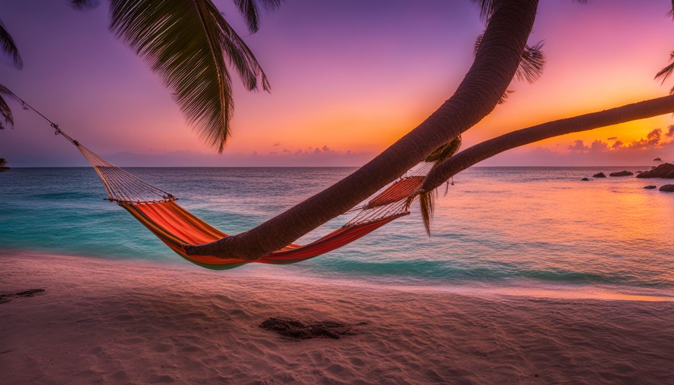 A picturesque beach sunset with palm trees, clear waters, and a hammock overlooking the scenery.