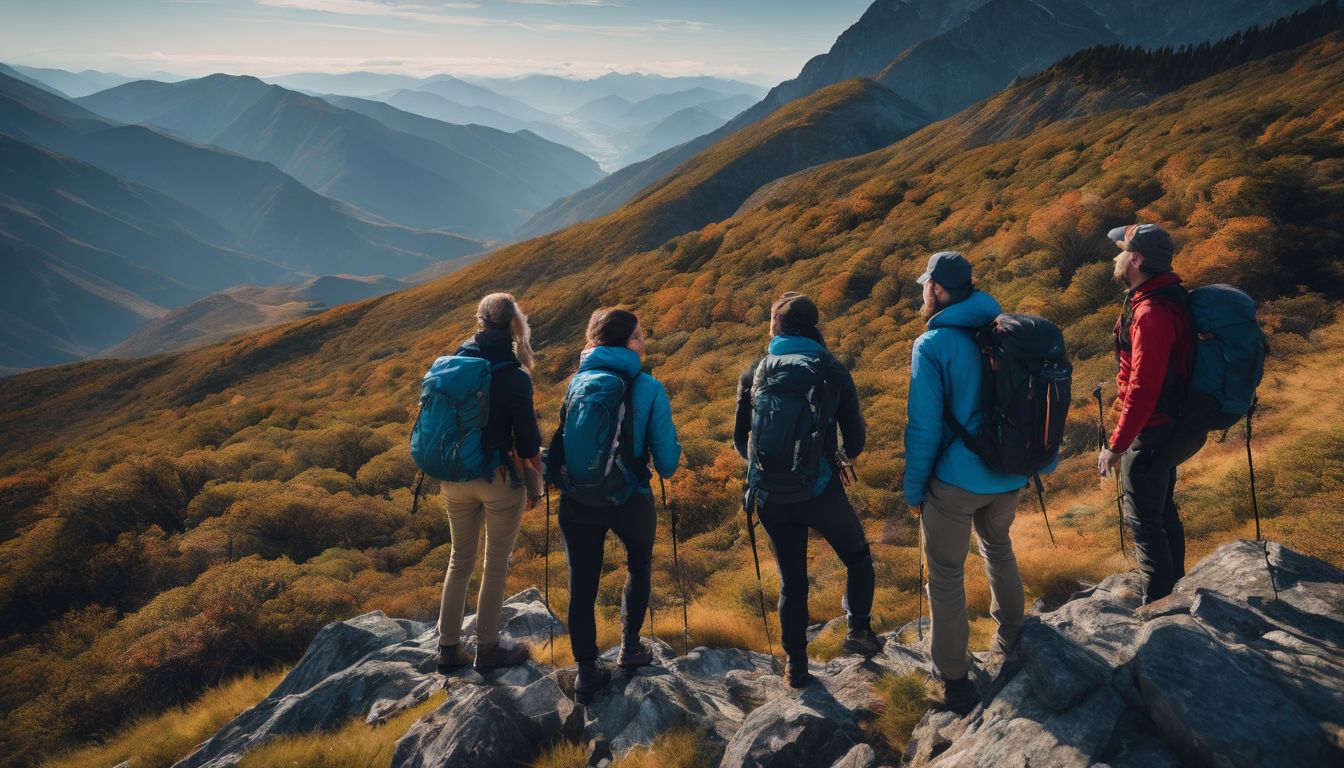A diverse group of hikers standing on a mountain peak with stunning scenic views.