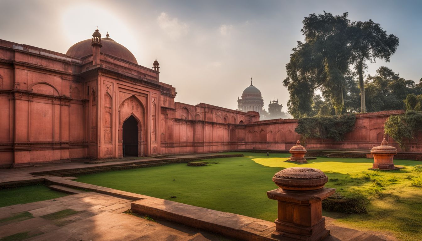 The photo depicts the intricate exterior architecture of the Tomb of Bibi Pari at Lalbagh Fort.