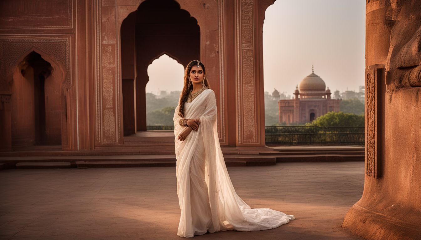 A woman in a white dress stands in front of the Tomb of Bibi Pari with Lalbagh Fort in the background.