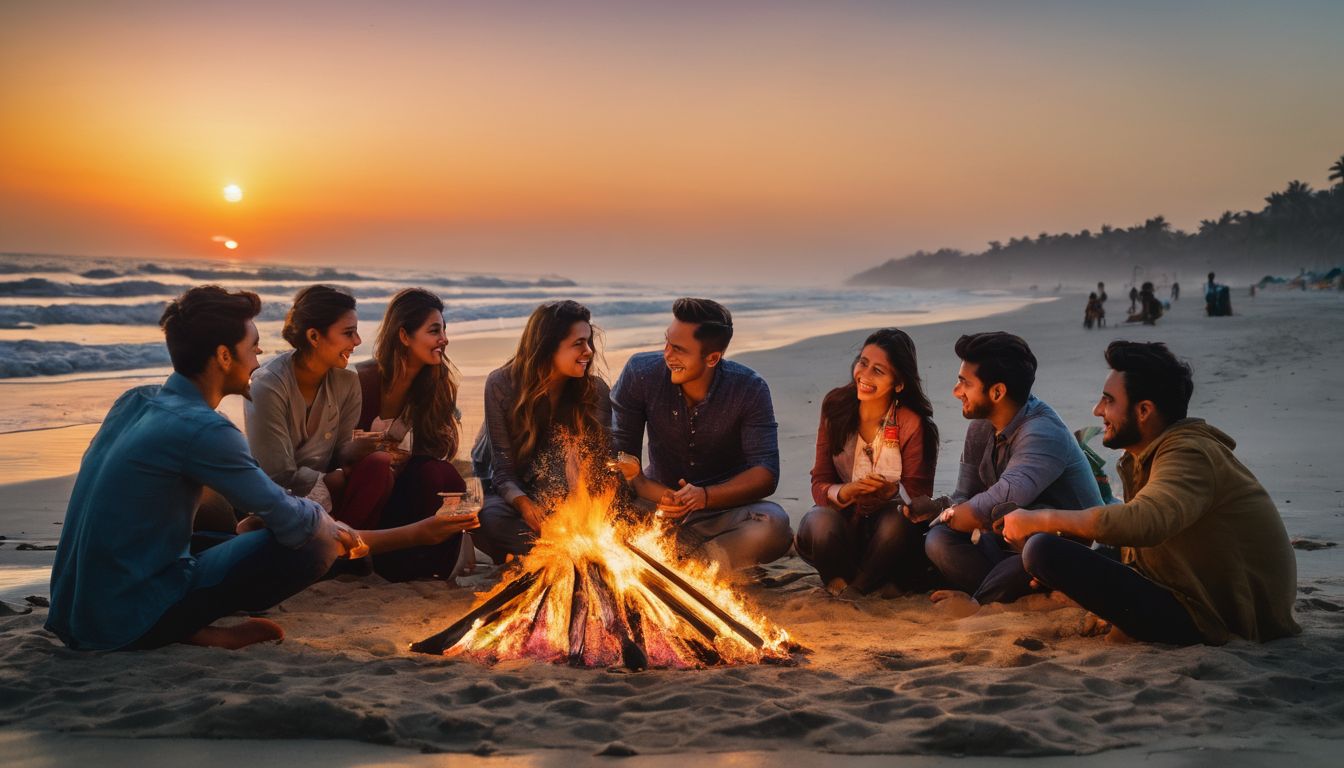 A group of friends enjoying a beach bonfire at Cox's Bazar, capturing the vibrant atmosphere of the beach.