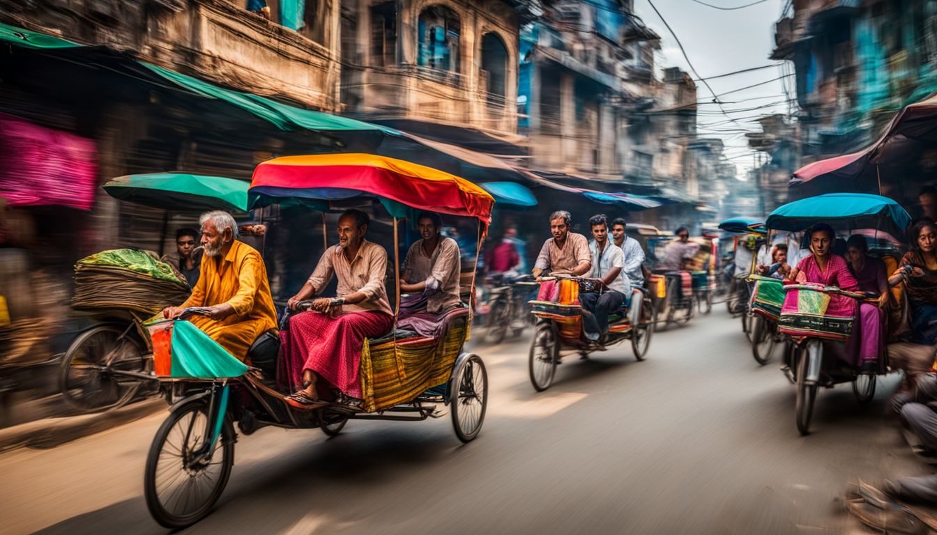 A vibrant scene showcasing the colorful rickshaws and bustling streets of Old Dhaka.