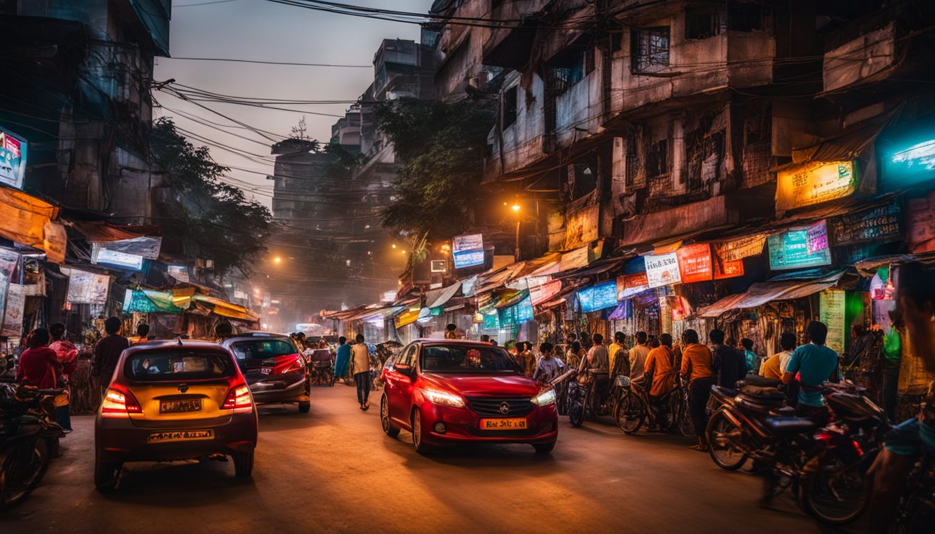A bustling night street in Dhaka filled with diverse people, colorful lights, and vibrant activity.