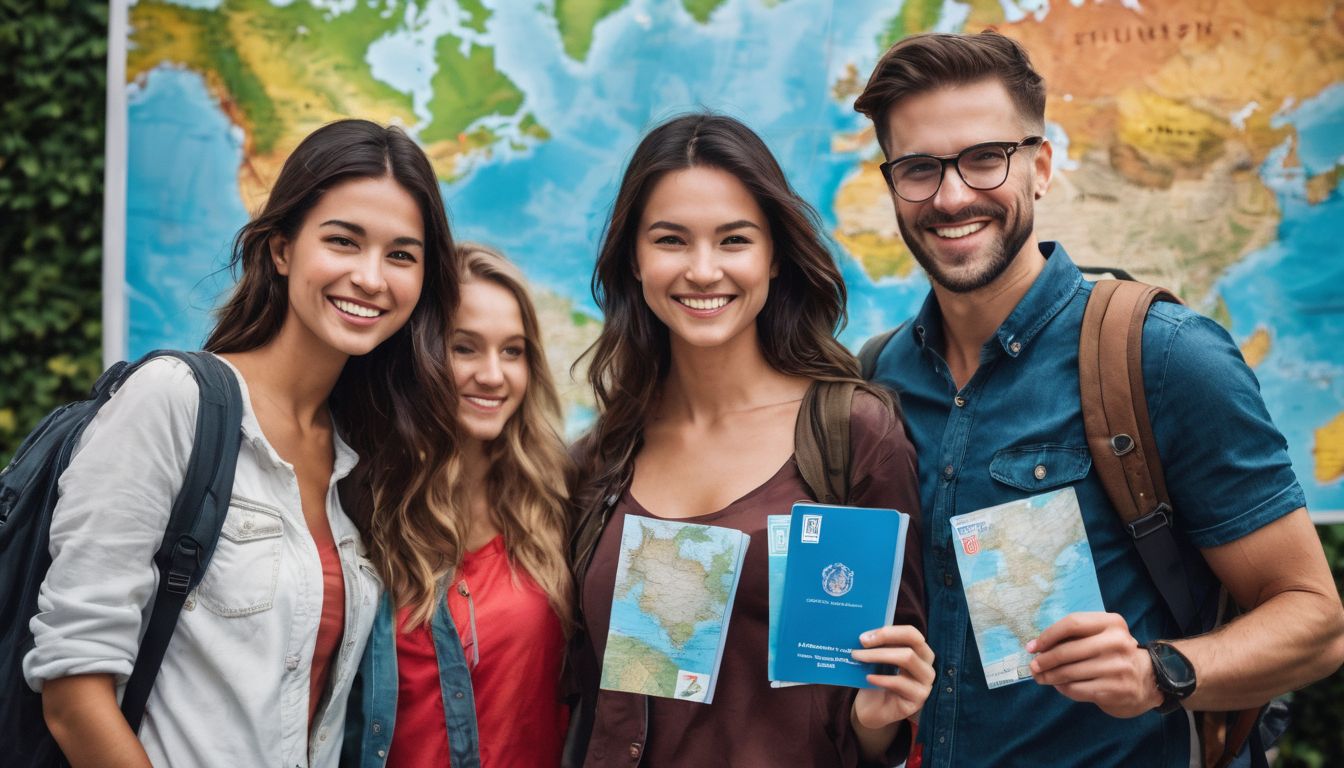 A group of diverse travelers posing happily with their passports in front of a world map.