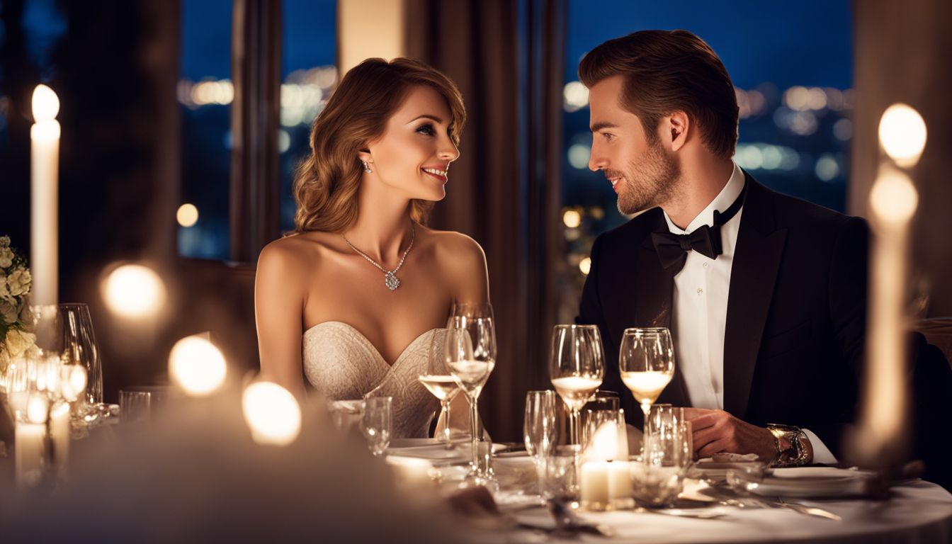 An elegant couple enjoying a romantic candlelit dinner at a top hotel, captured in a highly detailed and realistic photograph.