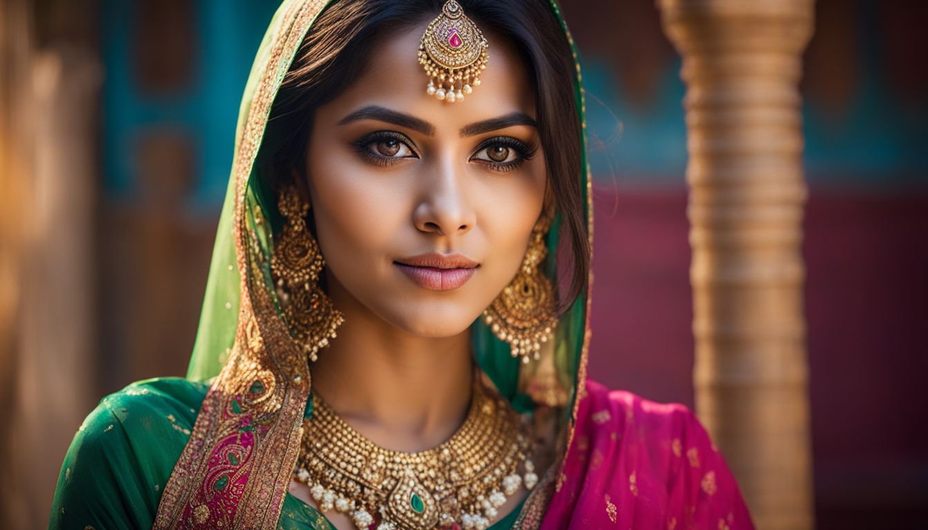 A young Bangladeshi woman wearing a vibrant Sharee in a traditional courtyard, captured in stunning detail and clarity.