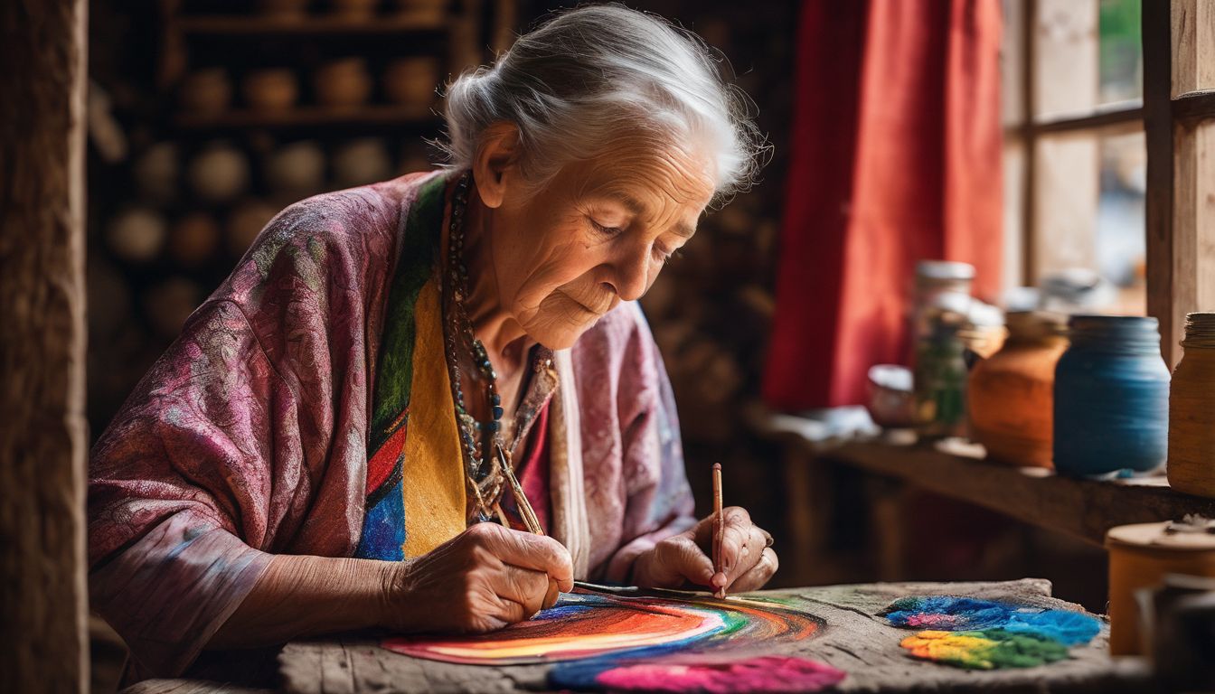 An elderly artist painting a vibrant folk art piece in a traditional village setting.
