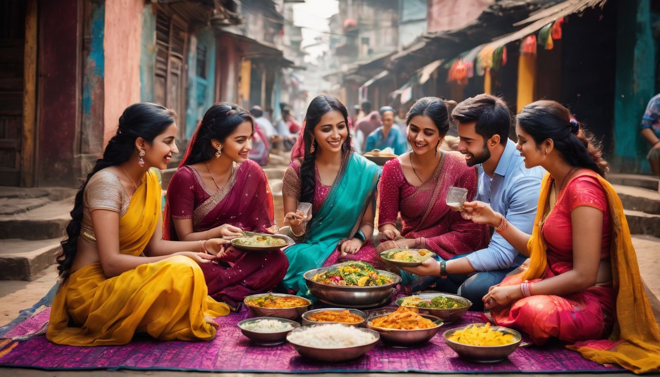 A diverse group of friends enjoying a traditional Bangladeshi meal outdoors.