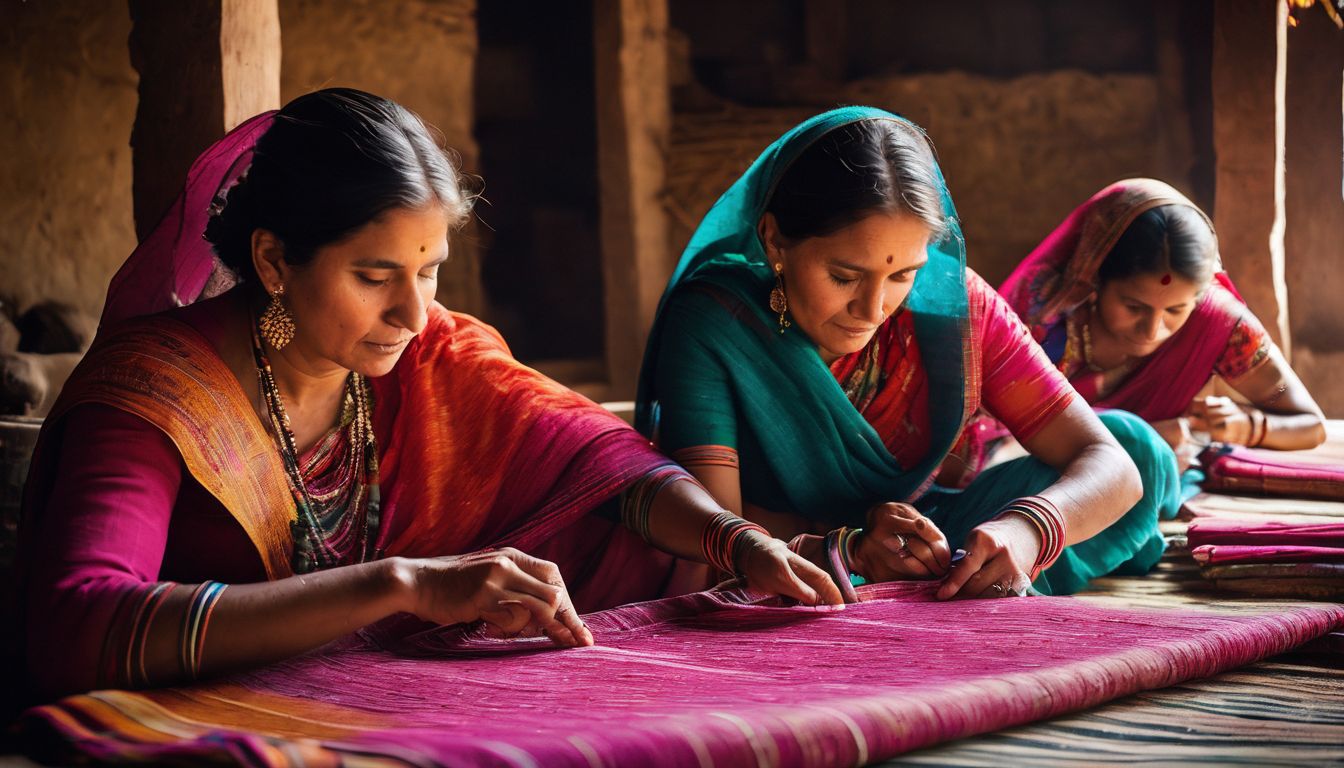 A group of women in a traditional village setting weaving intricate Jamdani fabric.