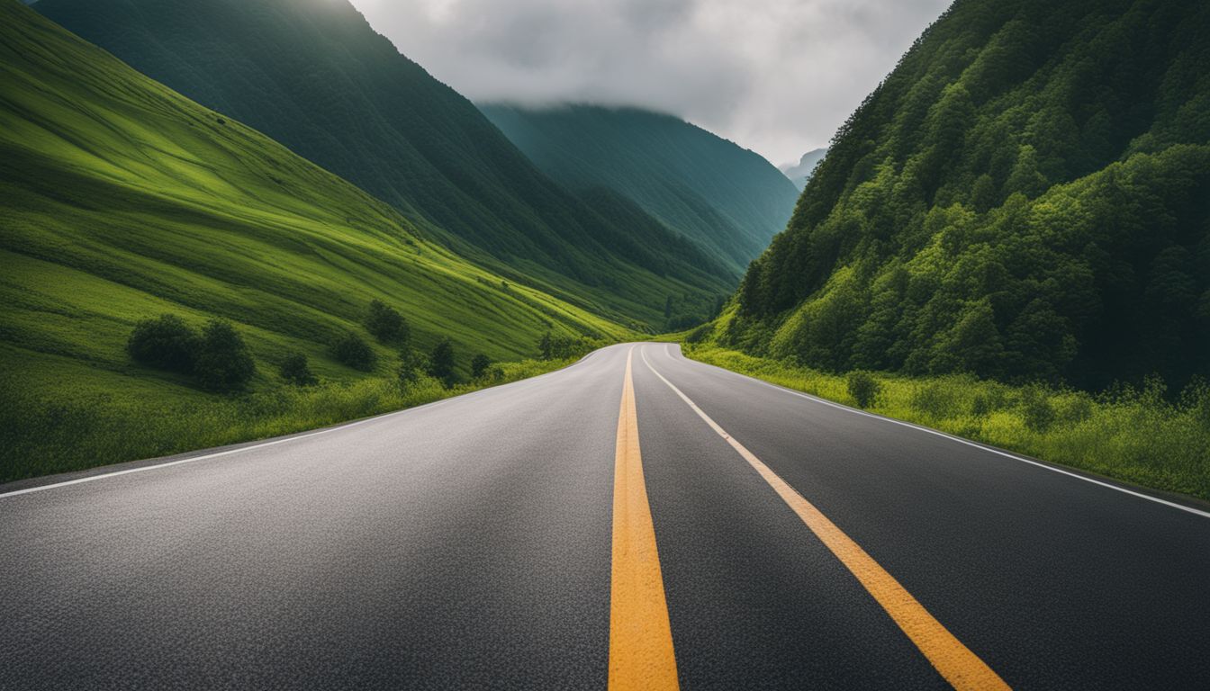 An empty road winds through lush green mountains, capturing the beauty of nature and the sense of adventure.